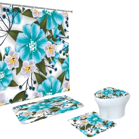 4 in 1 Bathroom Mat Blue Rose Flower Design