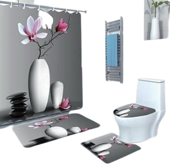 4 in 1 Bathroom Mat Grey with Flower Pot Design