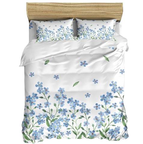 OMAMA Bedsheet White with Blue Flower Design Bedding Set