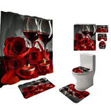 4 in 1 Bathroom Mat Red Roses Wine Goblets Design