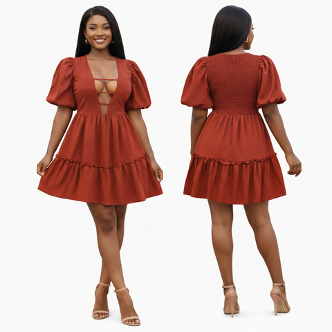 Deep V-Neck Tiered Mini Dress