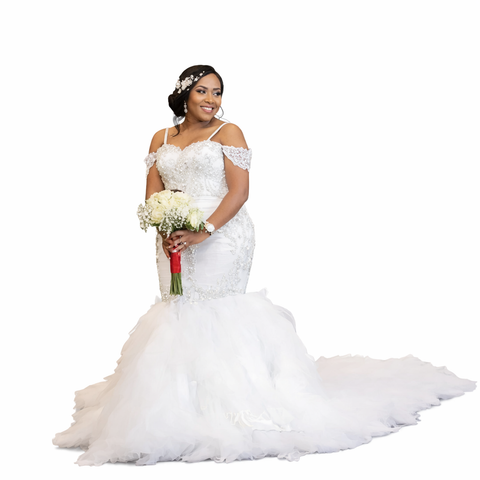 Off-Shoulder Beaded Mermaid Wedding Dress.