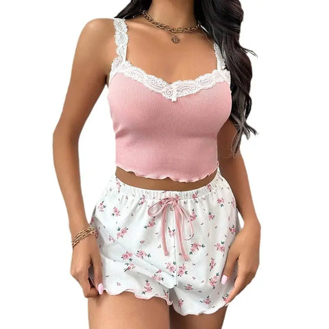 Women's Pajamas Cami Shorts Home Clothing Lace Suspender 2 Piece