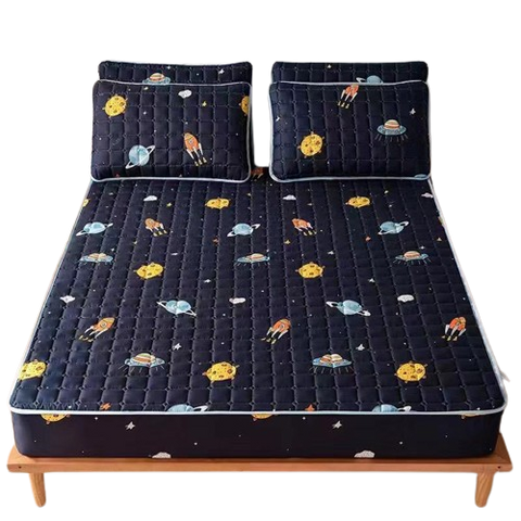 Waterproof Mattress Covers Blue Black with Globe Design