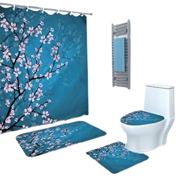 4 in 1 Bathroom Mat Blue with Pink Flower Design