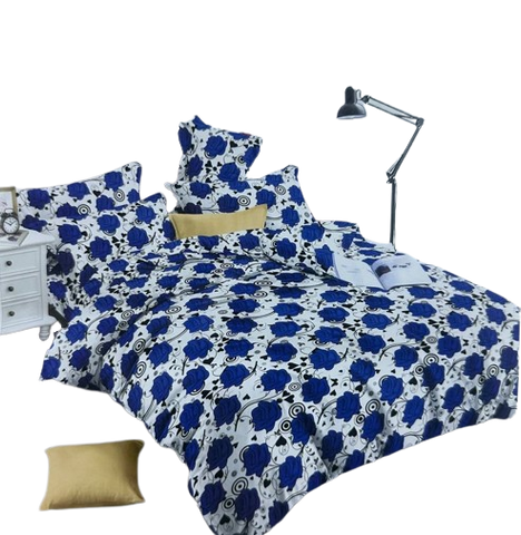 OMAMA Bedsheet White and Blue Rose Flower Design Bedding Set
