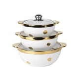Gold Rim Dotted Ceramic Soup Pot With Glass Lid 3 Set