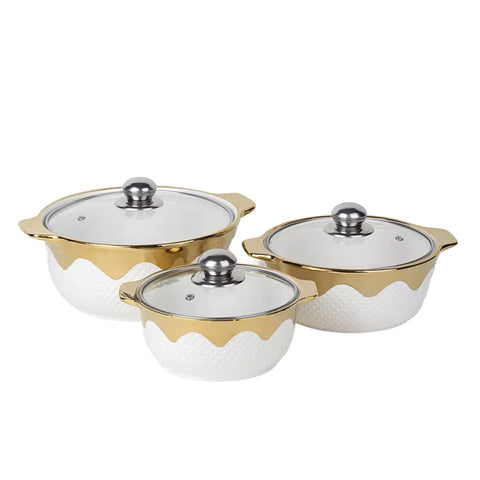 Wave Shaped Gold Plating Ceramic Soup Pot 3 Set